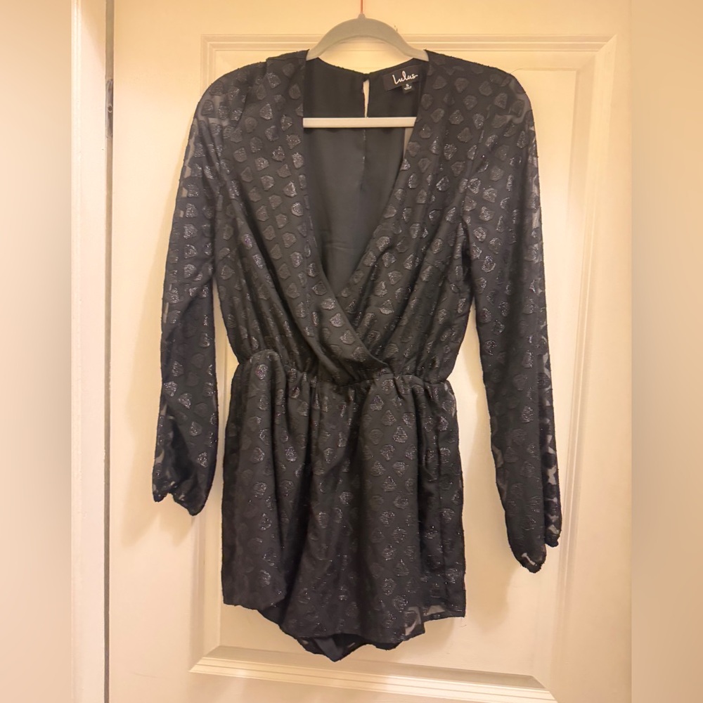 Lulu’s Womens Small Marci Black Romper Embroidered Long Sleeve Shimmer - Picture 2 of 7